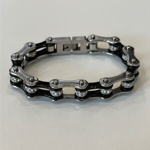 Black and Silver Bike Chain Bracelet with Clear Stones